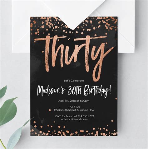 30th Birthday Black Rose Gold Printable Invitation Thirtieth Etsy