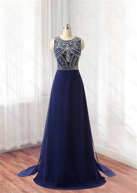 beaded navy blue chiffon prom dress evening gown long dress sheer back prom dresses blue