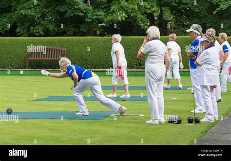Elderly People Playing Bowls In Summer Senior Friends On A Bowling