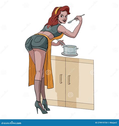 cartoon semi realistic pin up housewife cooking stock vector illustration of comics dinner