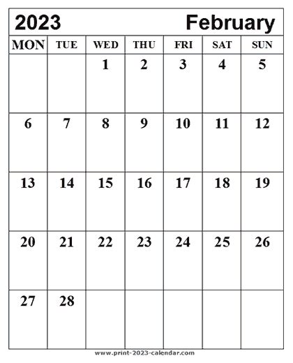 Print February 2023 Calendar