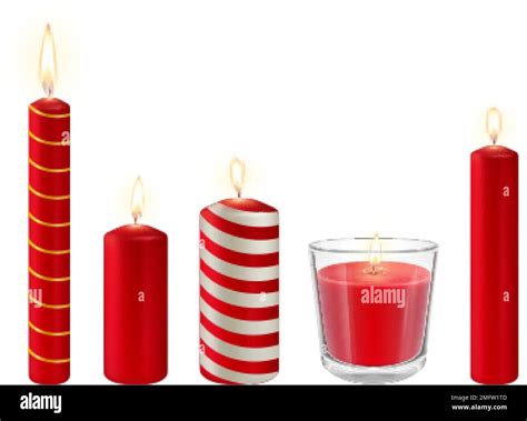 Realistic Red Candles Isolated Set Wax Candle In Glass With Silver