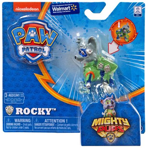 Paw Patrol Mighty Pups Rocky Exclusive Figure Light Up Badge Paws Spin