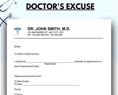 Doctor Excuse Template Doctor Excuse For Work Doctor Excuse Etsy