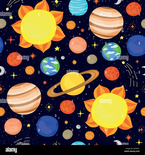 Cute Dark Blue Seamless Pattern With Cartoon Planets Of The Solar