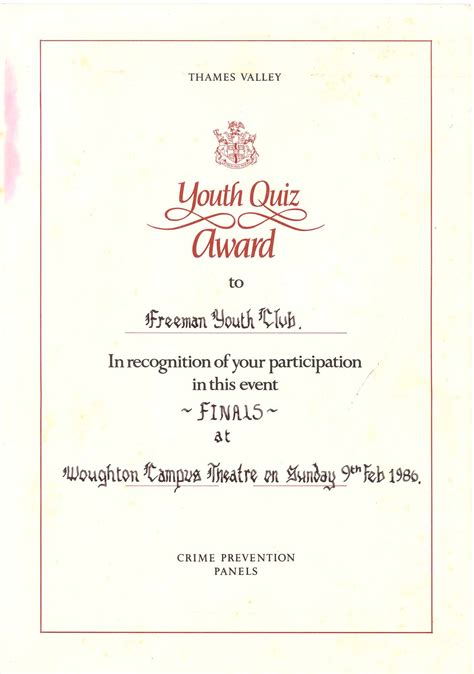 Youth Quiz Award Certificate Living Archive