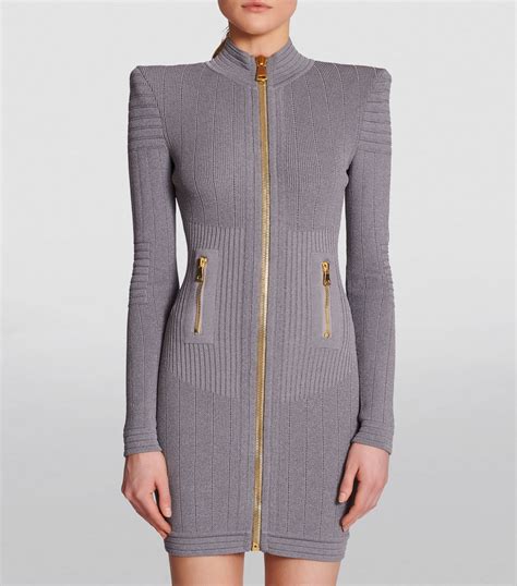 Balmain Grey Ribbed Zip Up Mini Dress Harrods Uk