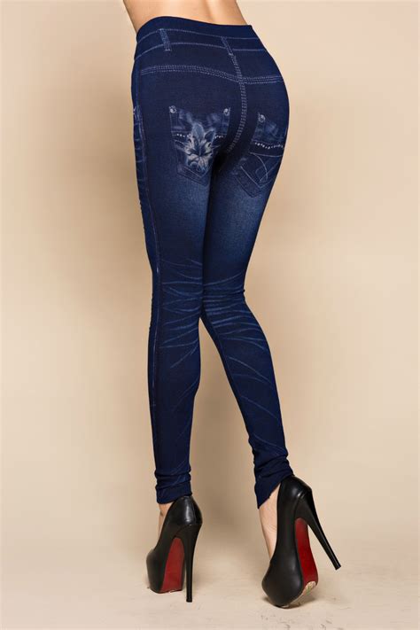 Fashion Slim Women Leggings Faux Denim Jeans Leggings Sexy Hole Heart