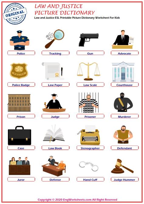 ﻿law And Justice Esl Printable Picture Dictionary Worksheet For Kids