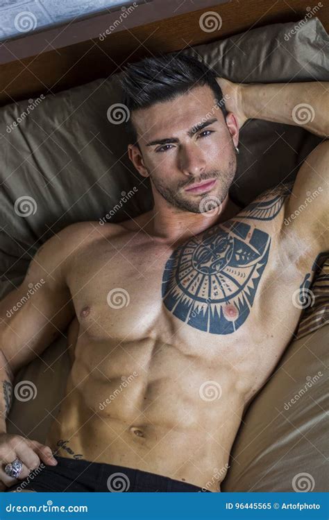 Shirtless Male Model Lying Alone On His Bed Stock Image Image Of Male Soft 96445565