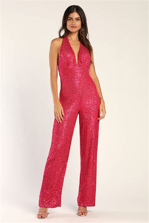 Lulus Star Potential Shiny Hot Pink Sequin Halter Jumpsuit Modesens