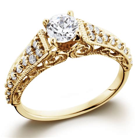 58ct Vintage Diamond Engagement Ring 14k Yellow Gold Filigree Deco