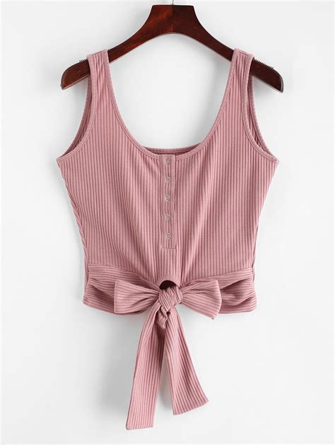 29 Off 2021 Zaful Ribbed Knit Knot Crop Tank Top In Lipstick Pink