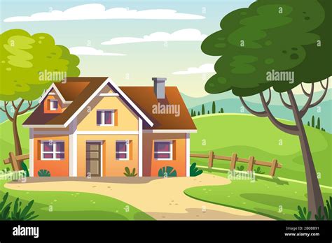 Modern country house with summer landscape. Cartoon Vector