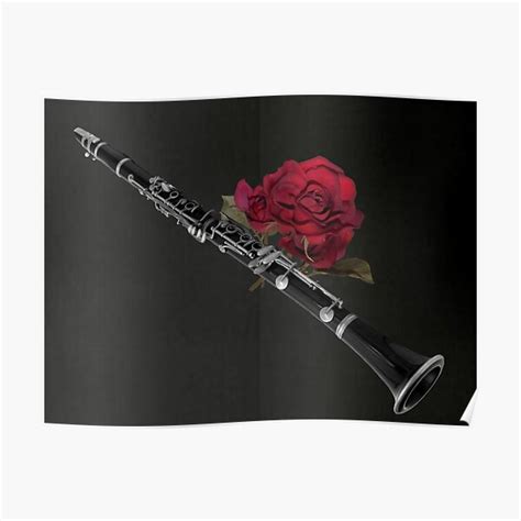 Black White Clarinet Red Rose Musical Instrument Wall Art Matted