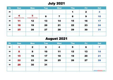 Printable Calendar July And August 2021 Word Pdf Free Printable 2021