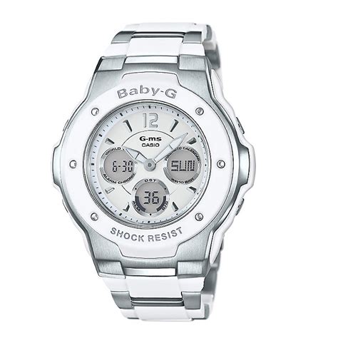Resin case, resin strap, mineral crystal, white dial, analog digital display, neobrite, shock. Casio Baby-G Ladies' Stainless Steel Bracelet Watch | H.Samuel