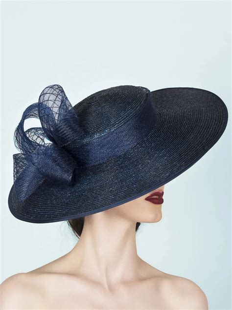 Navy Blue Wide Brimmed Straw Boater Hat For Wedding Guest Royal Ascot