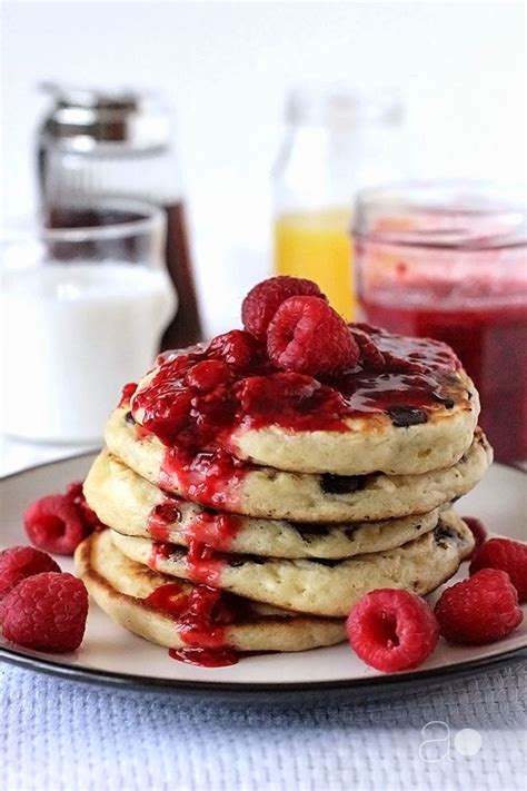 Ambrosia Buttermilk Chocolate Chip Pancakes With Raspberry Sauce