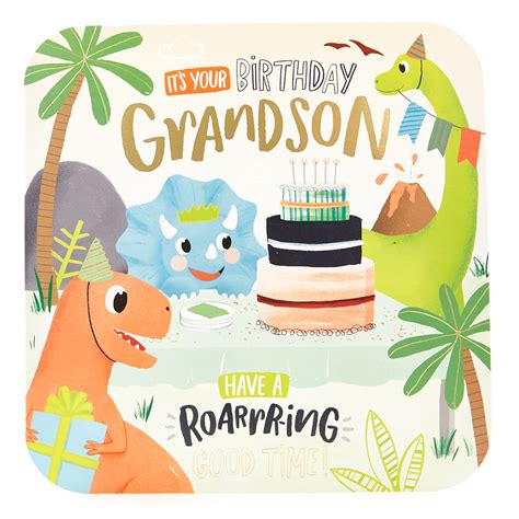 Happy birthday greeting card with cute dinosaur. Buy Platinum Collection Birthday Card - Grandson Dinosaurs for GBP 1.99 | Card Factory UK