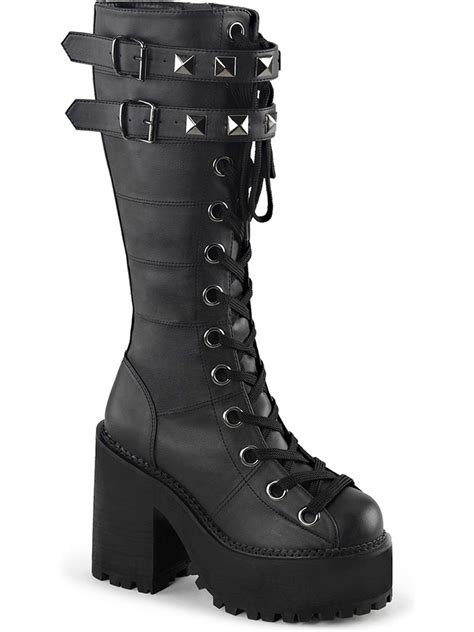 Demonia Womens Knee High Lace Up Boots Black Vegan Leather Platform