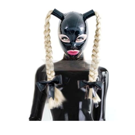Cheap Latex Hood Mask Sexy Face Mask With Pigtail Rubber Mask From