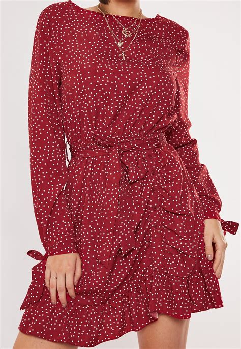 Red Ruched Button Side Polka Dot Tea Dress Missguided