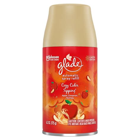 175g/269ml last up to 60days works well with air wick and glade automatic spray (old and new design). (2 pack) Glade Automatic Spray Refill 1 CT, Cozy Cider ...