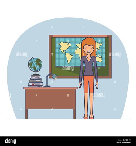 Woman Teacher In Clothes On Classroom With Desk With Books And Chalkboard With World Map Stock