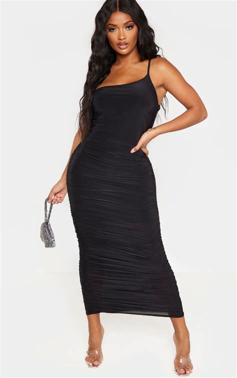 Shape Black Slinky Ruched Asymmetric Midaxi Dress Prettylittlething Ie