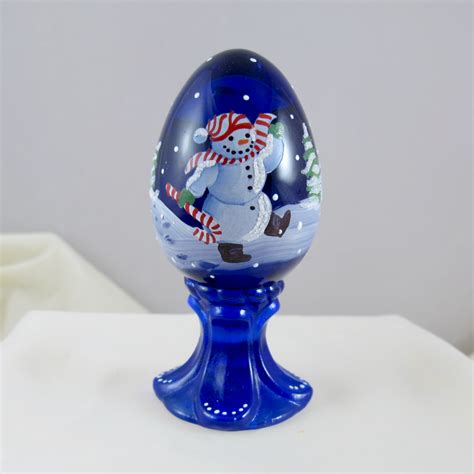 Fenton Handpainted Snowman Scene Cobalt Blue Art Glass Egg Carnival Glass