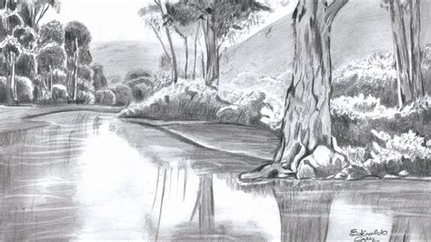A Pencil Drawing Of Trees And Water