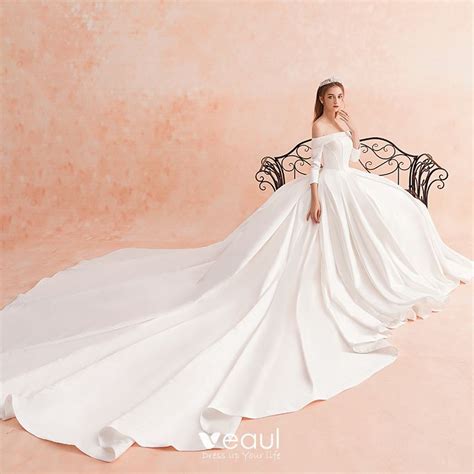 Modest Simple Ivory Winter Wedding Dresses 2019 A Line Princess Off