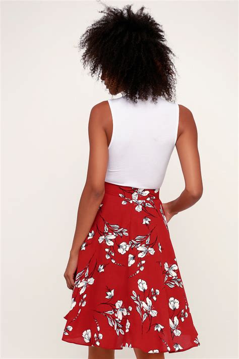 Cute Red Skirt Floral Print Skirt Midi Skirt A Line Skirt Lulus