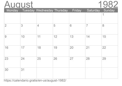 Calendar August 1982 From United States Of America In English ☑️