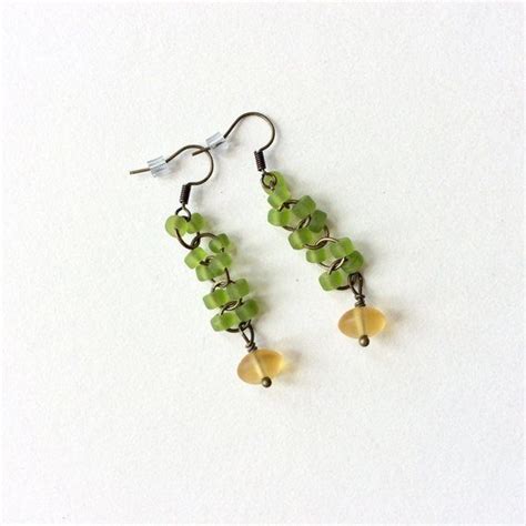 Lightweight Dangle Glass Bead Earrings Green Bronze Tone Etsy Bead