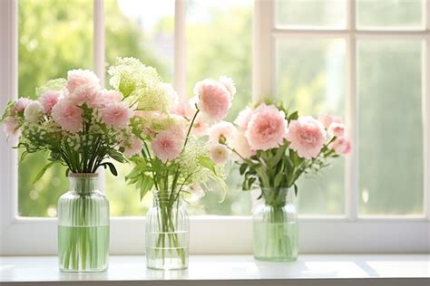Flower Bouquets In Glasses In A Window Sill Background High Resolution