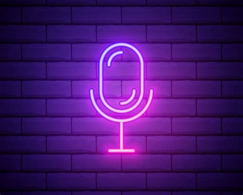 Microphone Neon Icon Mic On Brick Wall Background Studio Record