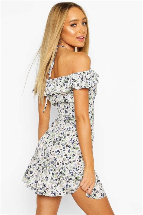 Womens Ditsy Floral Off Shoulder Ruffle Mini Dress White 12 Mini Dress Outfits Mini Dress