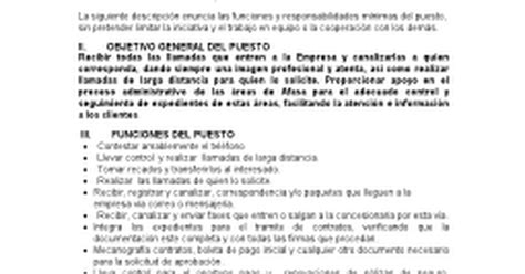 Descripcion De Puesto Recepcionista Docx Google Docs