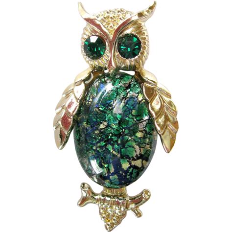 Vintage Foil Art Glass Owl Brooch W Emerald Green Rhinestones Red Sold On Ruby Lane