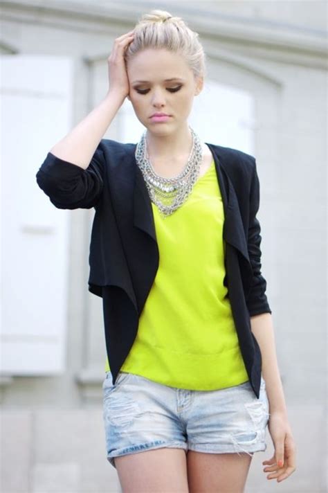Short Short Denim With Neon Lime Top And Stylish Black Cropped Blazer
