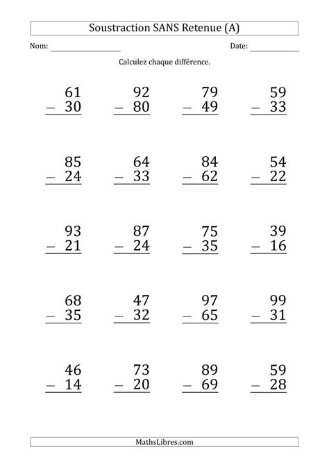 Start studying soustractions sans retenues. Soustraction d'un Nombre à 2 Chiffres par un Nombre à 2 ...