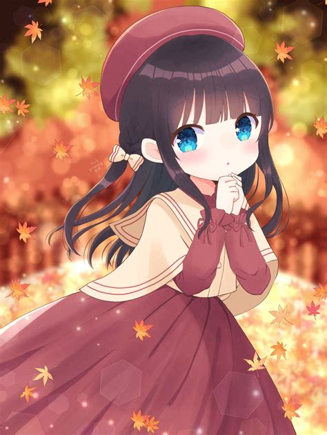 Safebooru 1girl Absurdres Autumn Autumn Leaves Bangs Beret Black Hair Blue Eyes Blunt Bangs