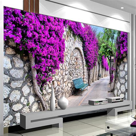Photo Wallpaper 3d Stereo Purple Flowers Brick Murals