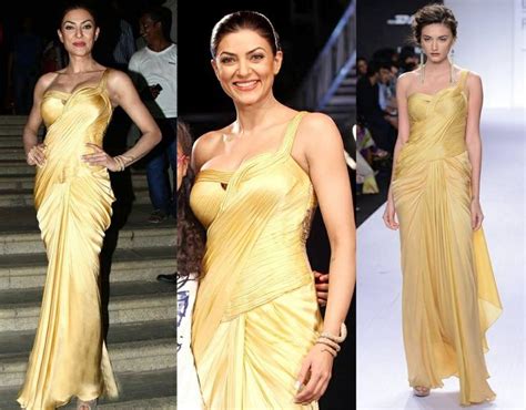 Sushmita Sen In A Golden Cord Sari Gown By Sonaakshi Raj Classy Saree Gowns Stylish Sarees