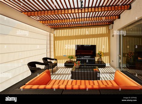 Interior Design Beautiful Modern Terrace Lounge With Pergola Stock