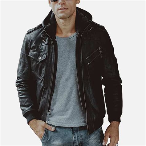 Mens Black Bomber Leather Jacket With Hood Leather Jacket Outfit Men