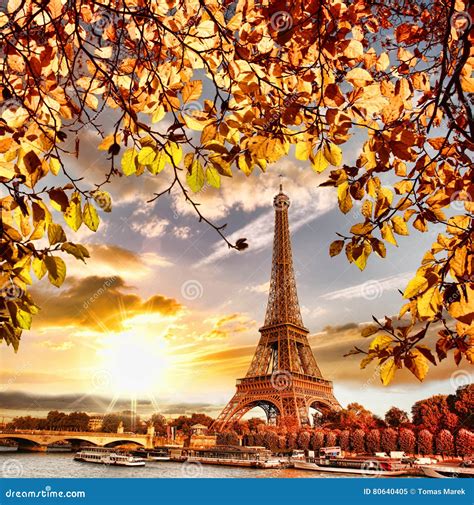 Eiffel Tower With Autumn Leaves In Paris France Stock Image Image Of