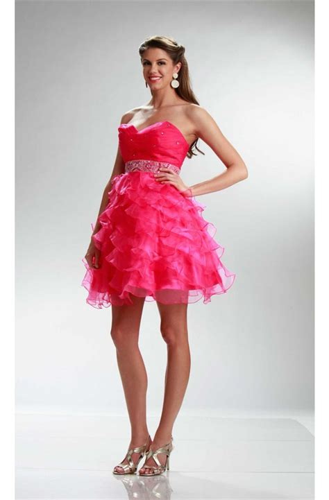 Ball Strapless Short Hot Pink Organza Ruffle Layered Prom Dress